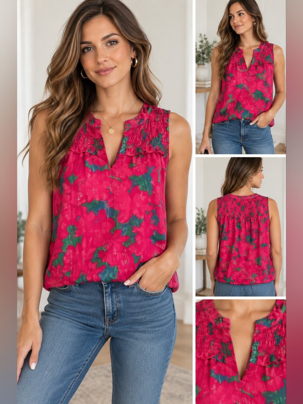 Rose & Olive Bright PinkGreen/Silver Floral Sleeveless Blouse MEDIUM